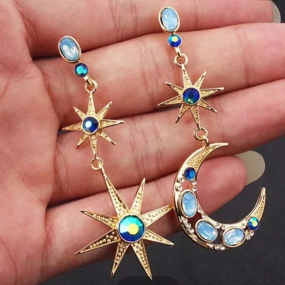 SEE NEW LISTING Moon and Star Drop Earrings Blue Rhinestones Gold Tone - Picture 5 of 12
